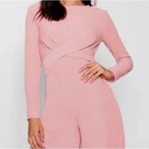Boohoo Blush Pink Knot Front Woven Culotte Long Sleeve Wide Leg Jumpsuit - Picture 3 of 11
